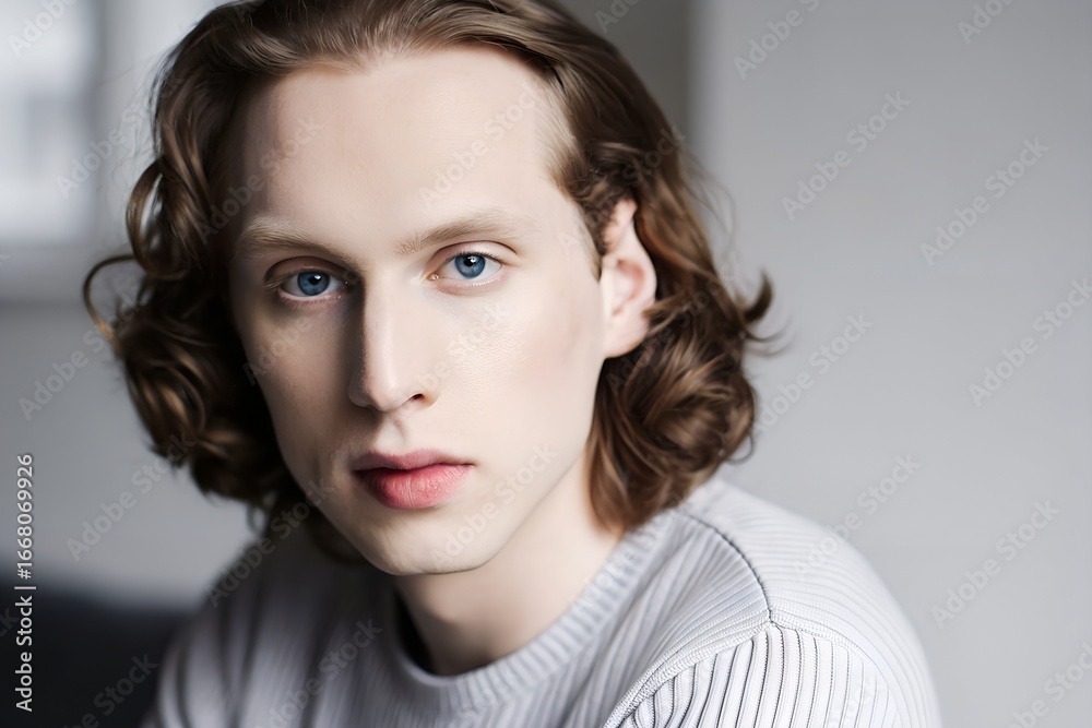 Fototapeta premium Close-Up Portrait of Person with Wavy Light Brown Hair in Gray Sweater – Blue Eyes, Soft Lighting, Neutral Background