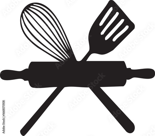 Silhouette kitchen utensils with rolling pin, whisk, spatula, knife and spoon for cooking logo or baking design concept