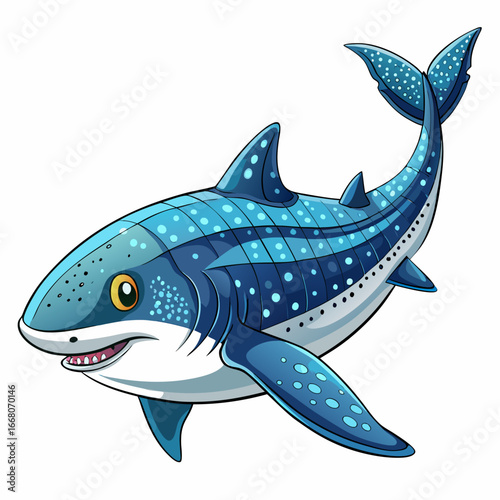 Friendly Cartoon Whale Shark, Blue Spotted, Happy Expression, Ocean Animal Illustration, Childrens Book Style