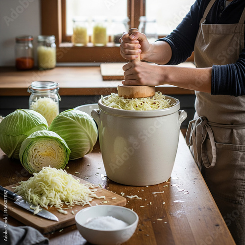 Process of making homemade sauerkraut or fermented cabbage,  representing healthy, traditional cooking and canning method.