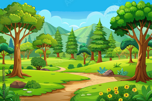 Pleasant green landscape with diverse trees, relaxing forest, bright sky, suitable background for design, pristine and inspiring nature, ideal image for professional graphic, artistic and advertising 