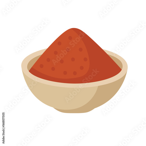 Bowl filled with ground red chili pepper powder in flat vector style, isolated spice illustration.