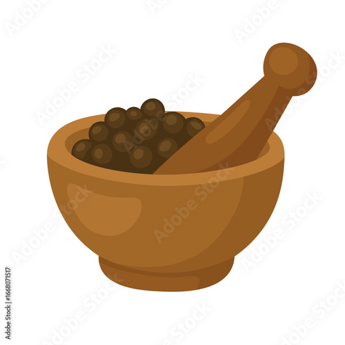 Wooden mortar and pestle filled with black peppercorns, flat vector style isolated spice illustration.