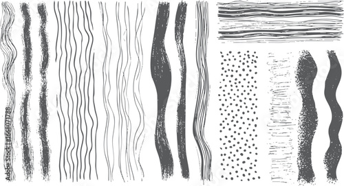 Grunge brush stroke collection. Hand drawn ink lines. Abstract sketch texture set for modern graphic artwork.