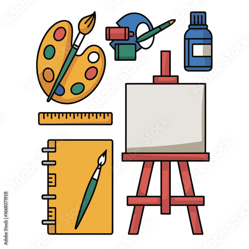 Black and white vector artist tools bundle with paintbrush, palette, sketchbook, ink pen, ruler, canvas, and easel