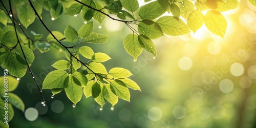 Sunlight filtering through wet green leaves after rain with water droplets reflecting golden light