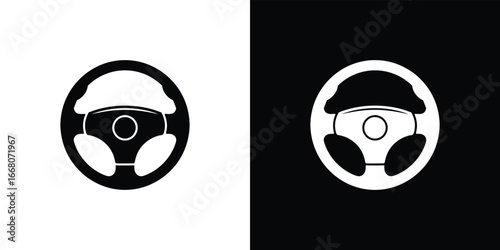 Automotive Steering Wheel, Round Design, Monochrome Contrast, Car Control Interface