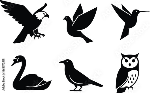 A set of black and white bird vector icons. A collection of wildlife graphic symbols including an eagle, owl, swan, and hummingbird. Perfect for nature-themed logos and designs.