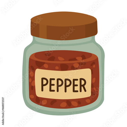 Glass jar filled with crushed red pepper flakes in flat vector style, isolated spice illustration.