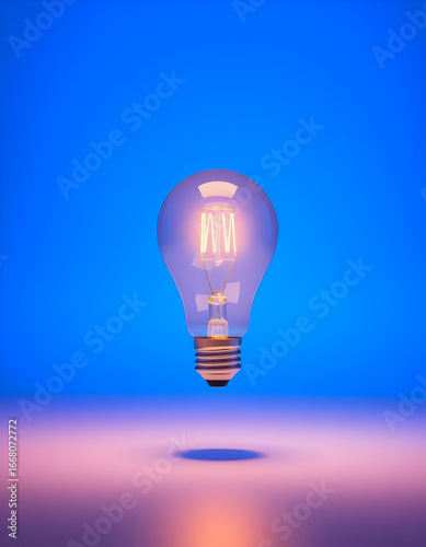 Glowing lightbulb on blue and pink background