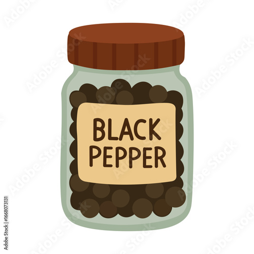 Glass jar filled with whole black peppercorns and label, flat vector style isolated illustration.