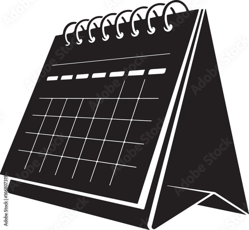 Black desk calendar with spiral binding isolated on white background