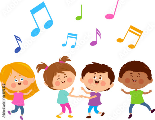 Children play and dance to music. Little kids party with friends together. Boys and girls have fun with musical school activity. Kids listen to music, singing and dancing with musical notes. 
