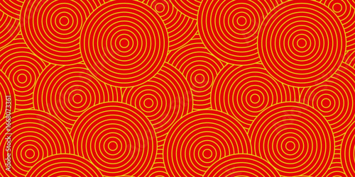 Geometric Asian line art seamless pattern with oriental traditional shapes flowers ornament, waves. Red and gold Japanese print for lunar chinese new year decoration. Luxury retro vector illustration