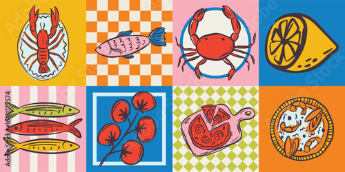Whimsical hand drawn sea food illustrations in trendy whimsical style. Perfect doodle for quirky italian wedding holiday, poster, dinner and bar menu, bachelorette party, birthday invitation, sign