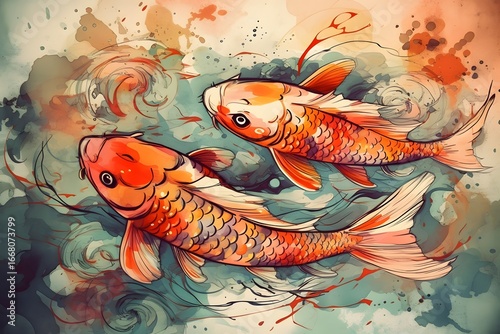 Hand-drawn koi fish sketch with delicate ink outlines and subtle watercolor washes capturing the graceful movement and serene aquatic elegance the girl with a fish in the water