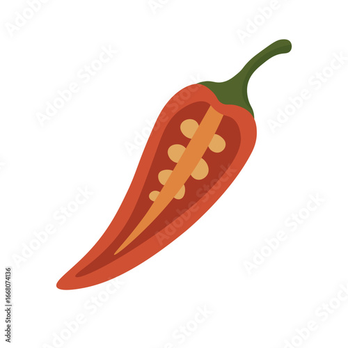 Half chili pepper with seeds inside, flat vector style, isolated spicy seasoning illustration.