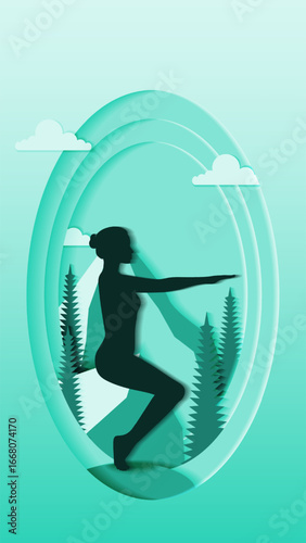 Vertical template. Utkatasana yoga pose. Awkward yoga pose.  Paper cut design. Isolated vector illustration