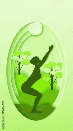 Vertical template. Utkatasana yoga pose. Chair with Gaze Up yoga pose.  Paper cut design. Isolated vector illustration