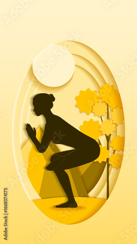 Vertical template. Eka Pada Utkatasana yoga pose. Figure Four yoga pose or One Legged Chair pose.  Paper cut design. Isolated vector illustration