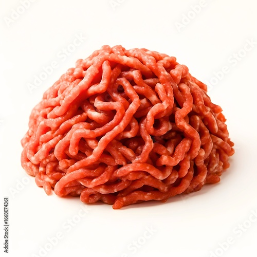 Meat, isolated minced meat, minced meat with light falling on it from an angle making it more visible and attractive, close-up, white background