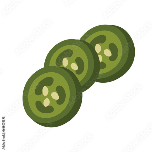 Three round slices of green chili pepper with seeds, flat vector style, isolated illustration.