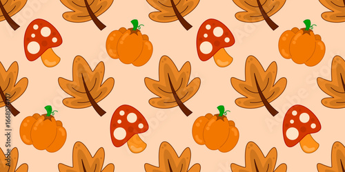 Autumn Leaf Seamless Pattern with Mushroom and Pumpkin Illustration in Vector
