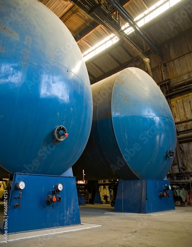 Two large blue industrial tanks in a warehouse