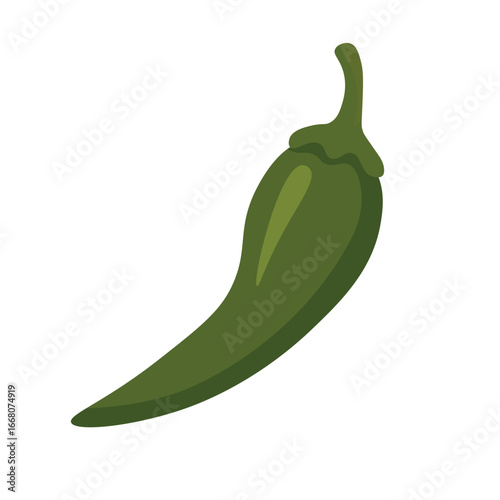 Fresh green chili pepper with stem, flat vector style, isolated spicy seasoning illustration.