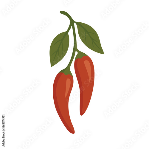 Two red chili peppers with green leaves on branch, flat vector style, isolated spice illustration.
