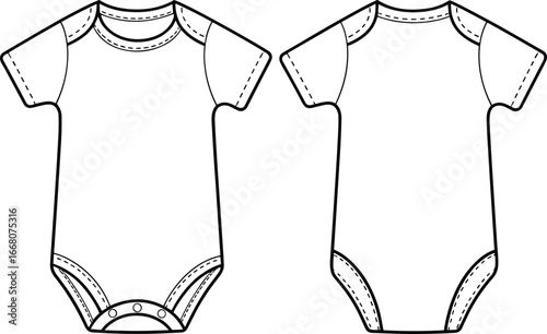 Baby bodysuit vector template, front and back view, plain white design, short sleeves, infant clothing mockup, fashion flat sketch illustration