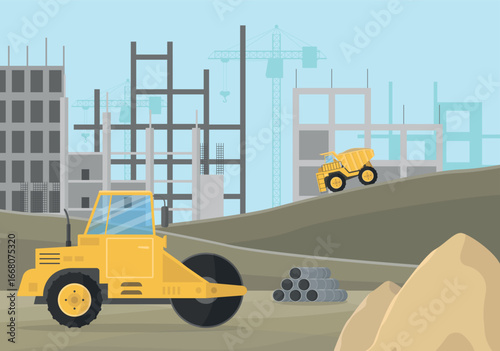 Landscape of construction site with machines, cranes and sand. Residential complex.
