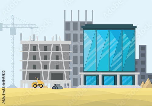 Construction site landscape with completed and unfinished buildings. Office building.