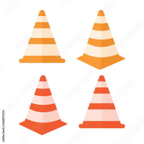 Traffic cone icons on white background. Road works elements, signs. Warning, detour.
