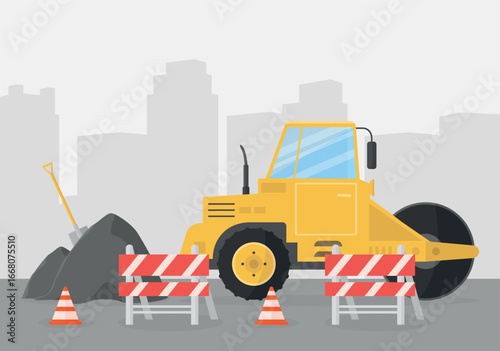 View of road works with road roller, road barriers and asphalt concrete mix.