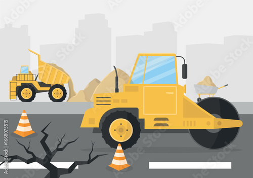 View of road works with road roller and dump truck. Road repair. Road barriers.