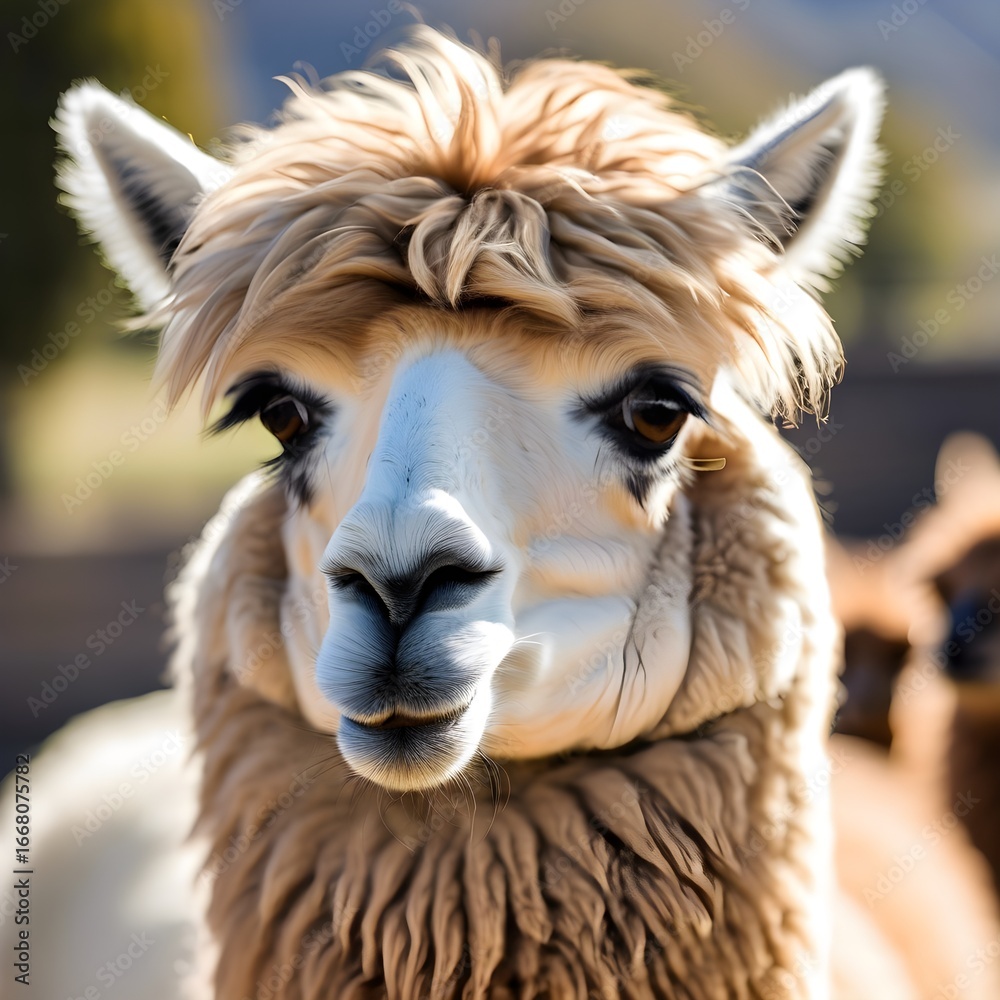 Obraz premium Fluffy brown llama gazes forward