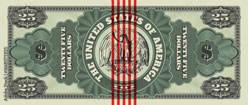 Vector fictional reverse of retro banknote of United States of America. Denomination 25 US dollars. Twenty five. Engraving eagle, guilloche patterns and grid. Green back. American vintage money