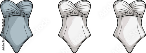 Stylish Women’s Strapless One-Piece Swimwear, Elegant Blue and White Swimsuits, Fashionable Body-Hugging Design for Summer Beachwear