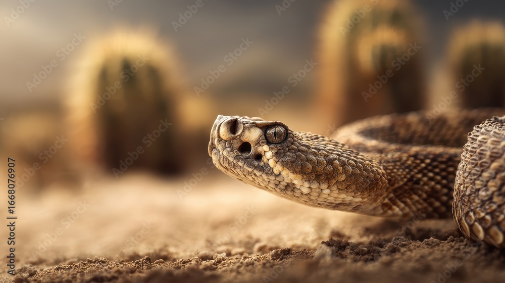 Obraz premium Stunning Close-Up of a Rattlesnake in Desert Environment with Cacti in Background Showcasing Natural Beauty, Texture, and Detail of Reptile in its Habitat