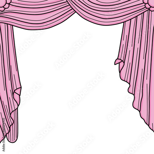 Pink stage curtains vector illustration. Hand drawn blank stage with pink drapes