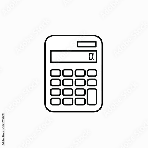 Clean black minimal office icon, a flat 2D vector outline illustration of a calculator, rendered against a plain background, representing finance, math, and business calculations with simplicity.