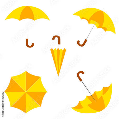 Umbrellas from different angles, in open and closed positions. Bright autumn umbrellas are ideal for literature, postcards, posters, advertising