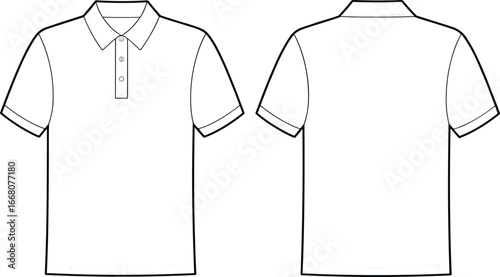 Polo shirt flat sketch, vector apparel design, men's casual wear template, short sleeve top, front and back view illustration