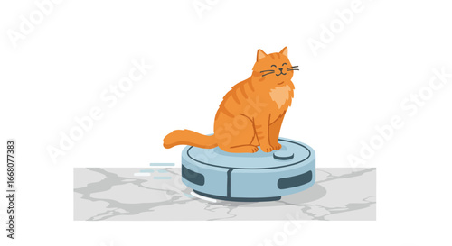 Fluffy cat sitting calmly on moving robot vacuum