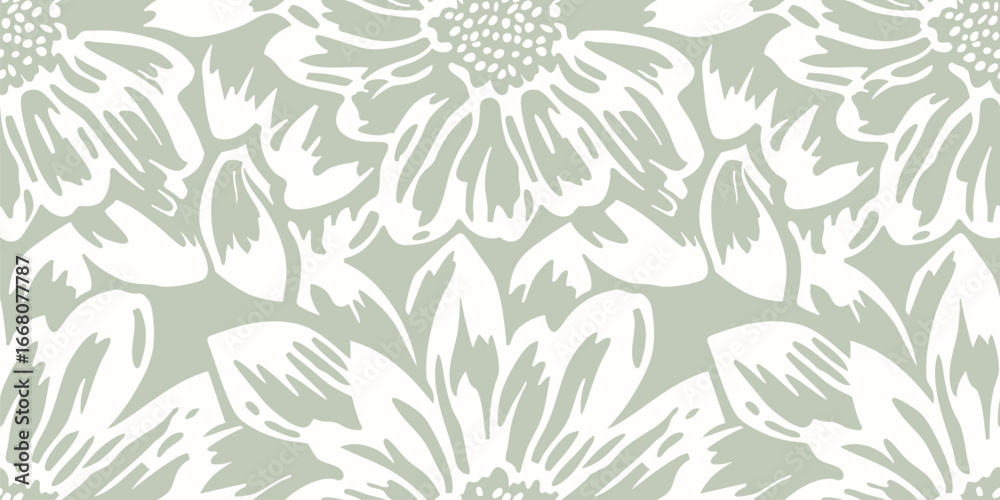 custom made wallpaper toronto digitalVector abstract floral pattern. Seamless ornament with big sketchy flower silhouettes. Sage green and white botanical background texture with negative space graphic effect. Repeated design for fabric