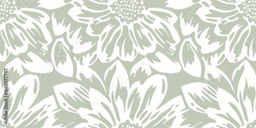 Wallpaper Mural Vector abstract floral pattern. Seamless ornament with big sketchy flower silhouettes. Sage green and white botanical background texture with negative space graphic effect. Repeated design for fabric Torontodigital.ca