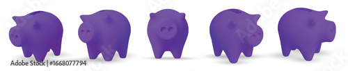 Set Minimalist 3D purple piggy bank collection perfect for financial design, banking apps, money saving concepts, and investment promotions.