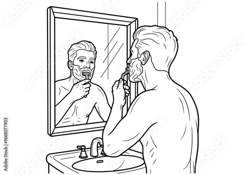 Businessman cartoon: illustration of a man shaving his beard in front of a bathroom mirror