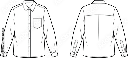 Men's Long Sleeve Shirt, Detailed Front and Back View, Fashion Design, Button Down Shirt, Casual Shirt Illustration, Shirt Drawing